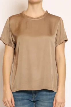 Blusa satin collo sfrangiato avana