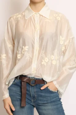 Camicia con ricami fiori grandi avorio