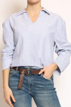 Camicia over scollo V a righe bianco/celeste
