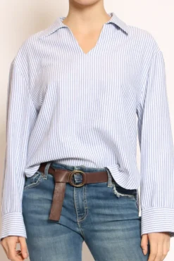 Camicia over scollo V a righe bianco/celeste