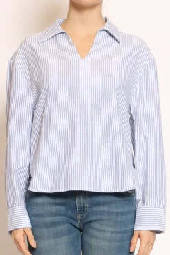 Camicia over scollo V a righe bianco/celeste