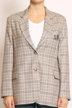 Giacca fantasia check c/spilla camel/blu/celeste