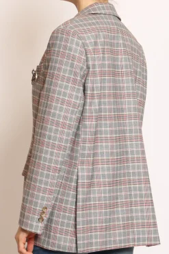 Giacca fantasia check c/spilla nero/camel/rosso