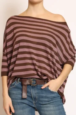 Maglia barca over a righe misto lino cioccolato/mauve
