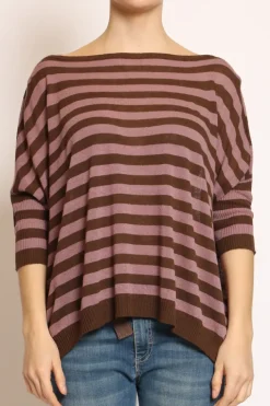 Maglia barca over a righe misto lino cioccolato/mauve