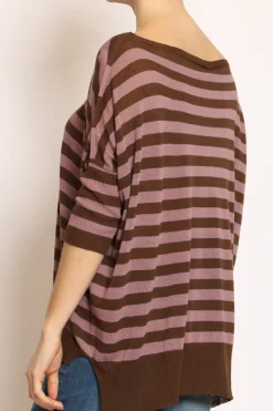 Maglia barca over a righe misto lino cioccolato/mauve