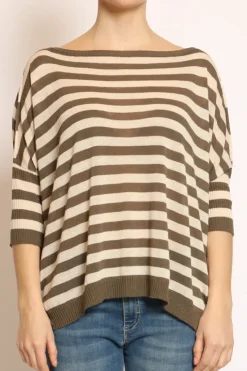 Maglia barca over a righe misto lino oliva/crema