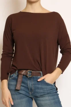Maglia barca spacchi laterali in filo di viscosa cioccolato