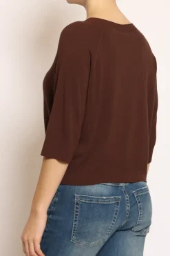 Maglia crop manica 3/4 in filo di viscosa cioccolato