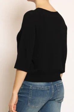 Maglia crop manica 3/4 in filo di viscosa nero