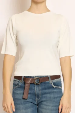Maglia girocollo mezza manica in filo di viscosa off white