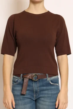 Maglia girocollo mezza manica in filo di viscosa cioccolato