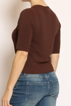 Maglia girocollo mezza manica in filo di viscosa cioccolato