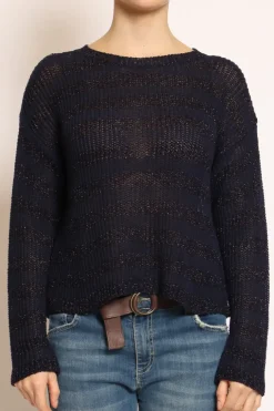Maglia righe traforata in lurex blu