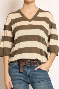 Maglia scollo v a righe misto lino oliva/crema