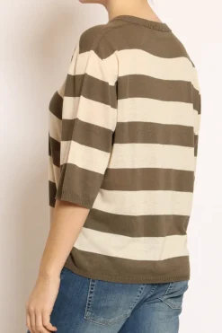 Maglia scollo v a righe misto lino oliva/crema