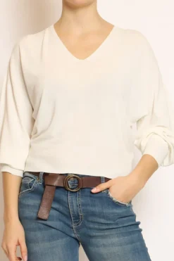 Maglia scollo v in filo di viscosa off white
