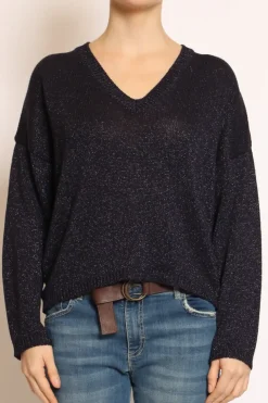 Maglia scollo v in lurex blu