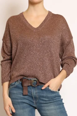 Maglia scollo v in lurex cacao