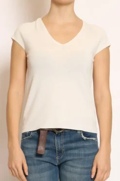 Maglia scollo V manica corta off white