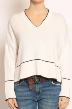 Maglia scollo V righina panna/moro