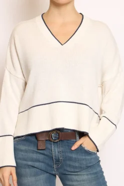 Maglia scollo V righina panna/blu