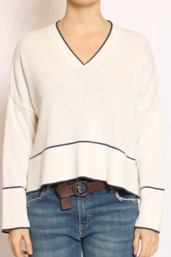 Maglia scollo V righina panna/blu