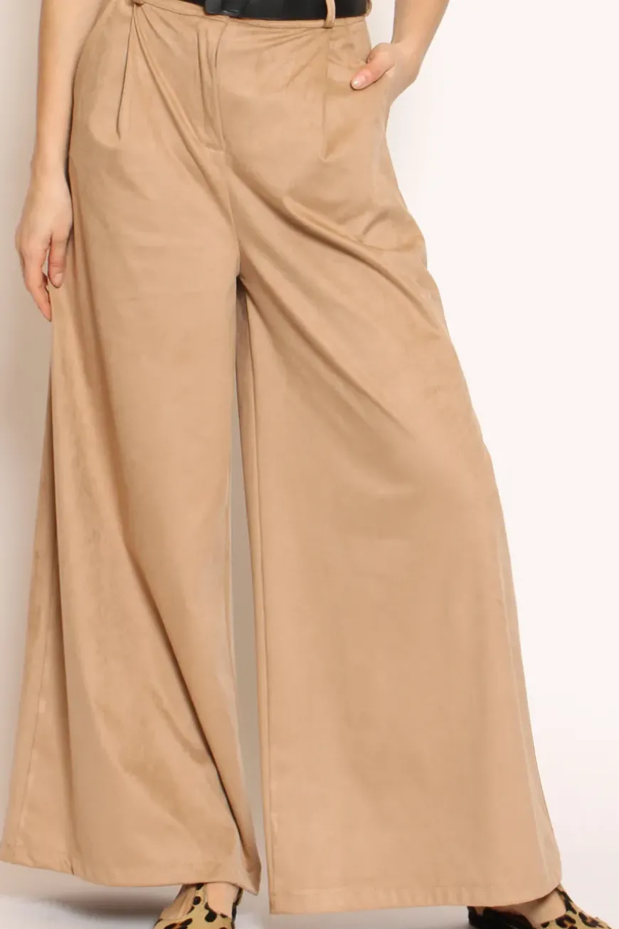 Pantalone palazzo scamosciato con pinces sabbia