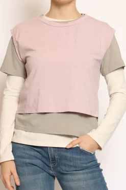 Set tre t-shirt in jersey elasticizzato rosa/taupe/burro