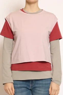 Set tre t-shirt in jersey elasticizzato rosa/cherry/taupe