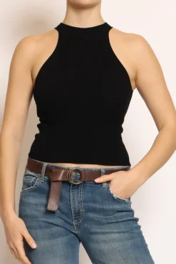Top a costine in filo di viscosa nero