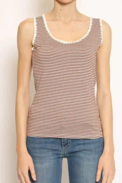 Top righe fine con passamaneria bianco/tabacco