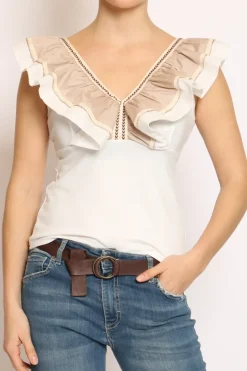 Top scollo a V con volant bianco/beige/bianco