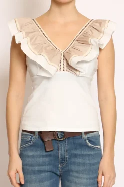 Top scollo a V con volant bianco/beige/bianco
