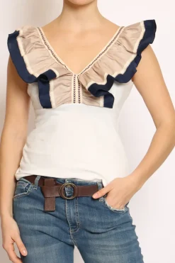 Top scollo a V con volant bianco/beige/blu