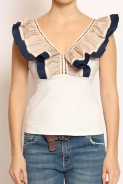 Top scollo a V con volant bianco/beige/blu
