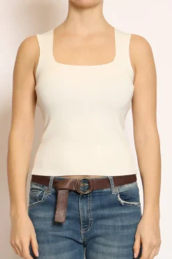 Top scollo quadrato in filo di viscosa off white
