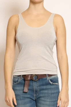 Top scollo v in lurex crema