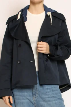 Trench in cotone con cappuccio nylon rimovibile blu