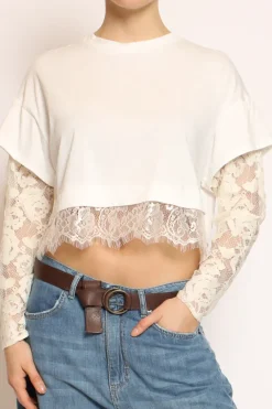 T-shirt inserti in pizzo burro