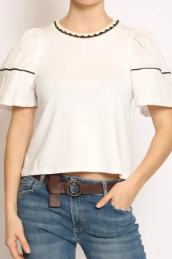 T-shirt manica palloncino righina bianco/bianco