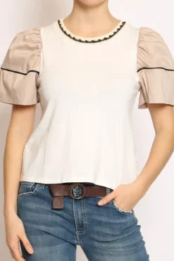 T-shirt manica palloncino righina bianco/beige