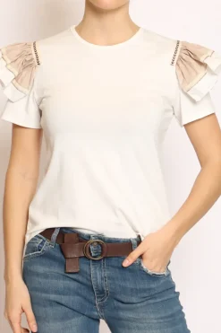 T-shirt manica volant bianco/beige/bianco