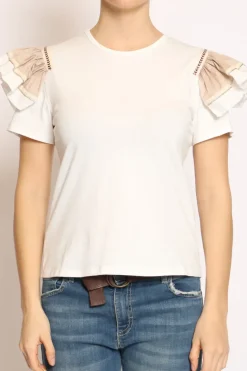 T-shirt manica volant bianco/beige/bianco