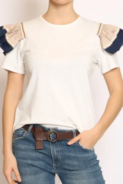 T-shirt manica volant bianco/beige/blu