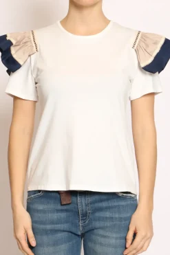 T-shirt manica volant bianco/beige/blu