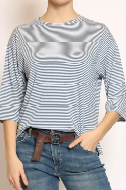 T-shirt righe a scatola in jersey manica 3/4 jeans/bianco