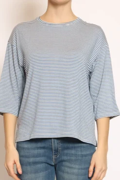 T-shirt righe a scatola in jersey manica 3/4 jeans/bianco