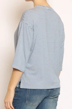 T-shirt righe a scatola in jersey manica 3/4 jeans/bianco