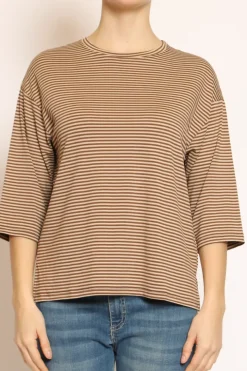 T-shirt righe a scatola in jersey manica 3/4 moro/beige